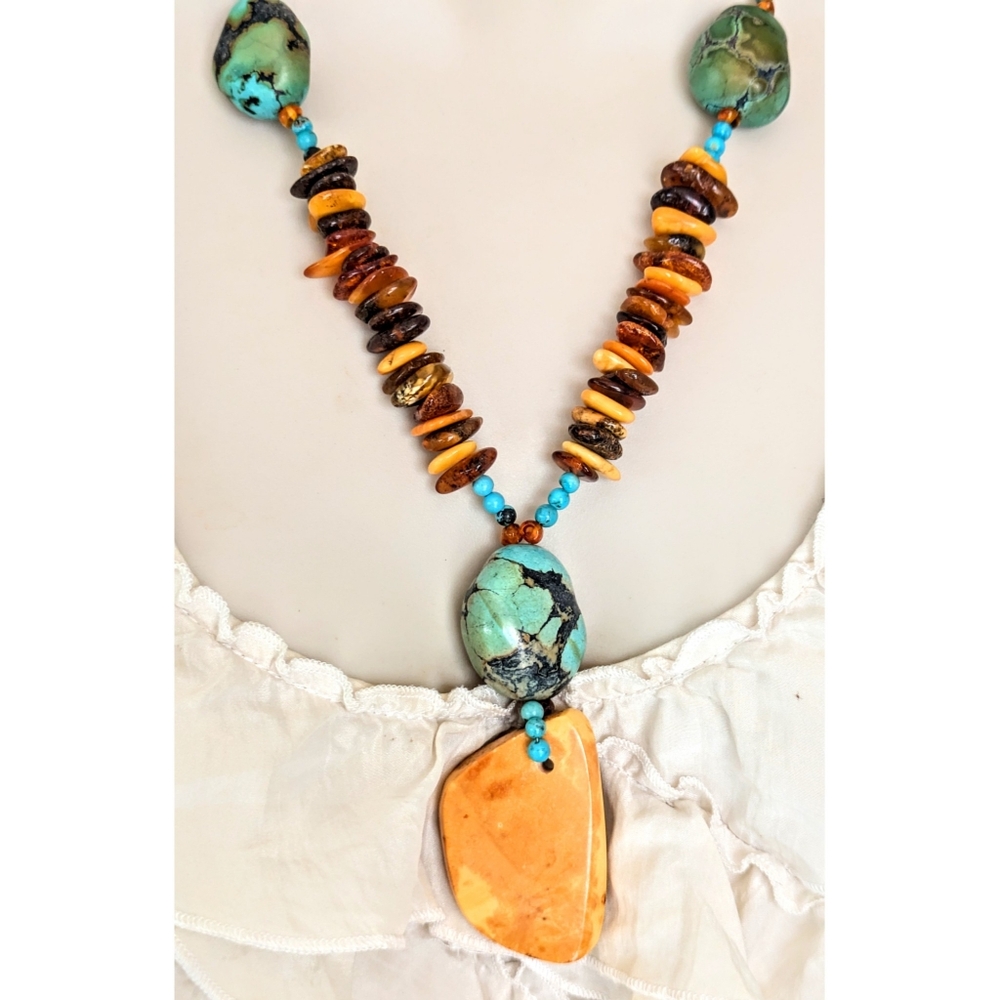 Sterling Egg Yolk Baltic Amber Blue Turquoise Chunks Beaded Pendant Necklace 22" - Picture 12 of 12